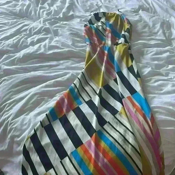 Y2K Vintage Rare Halter Maxi Slip Dress Open Back Flowy Silky Boho Stripe Caché - Picture 6 of 12